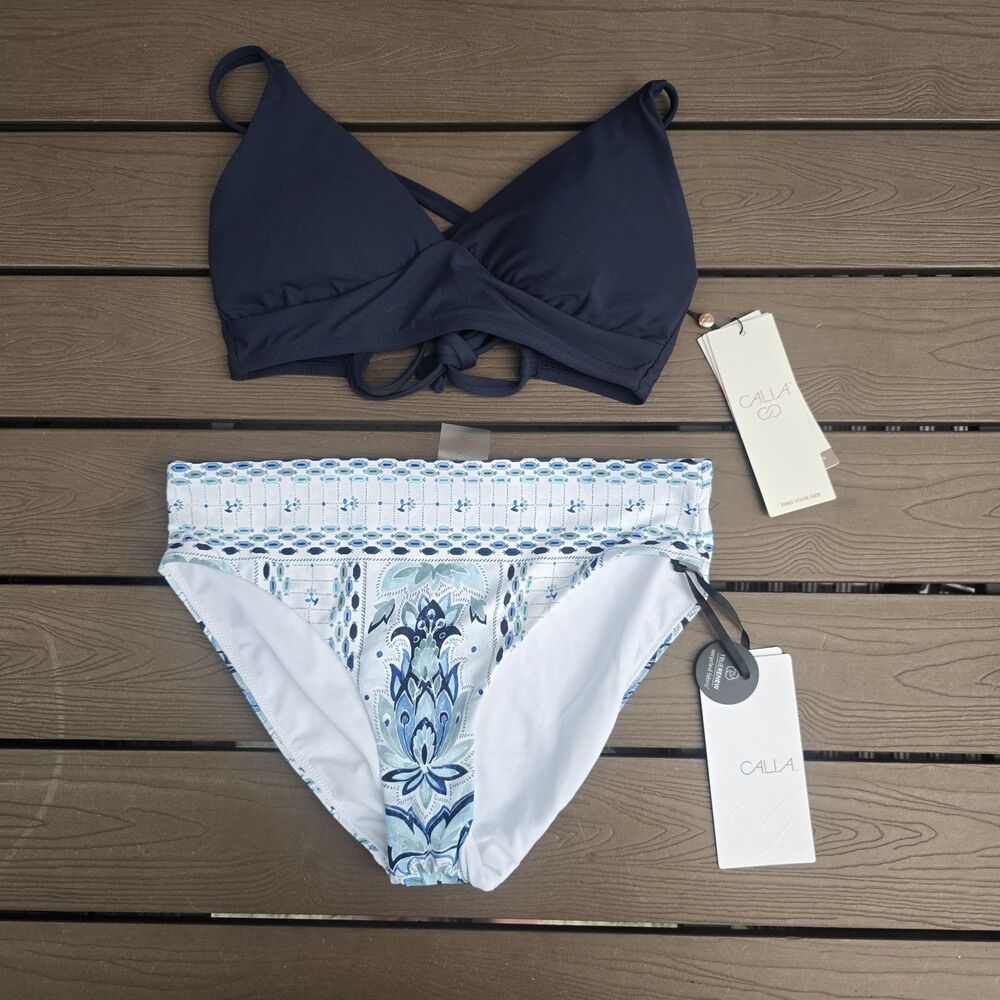 CALIA Women's Slate Triangle Top & Lotus Print Mid Rise Bikini Sz XS New